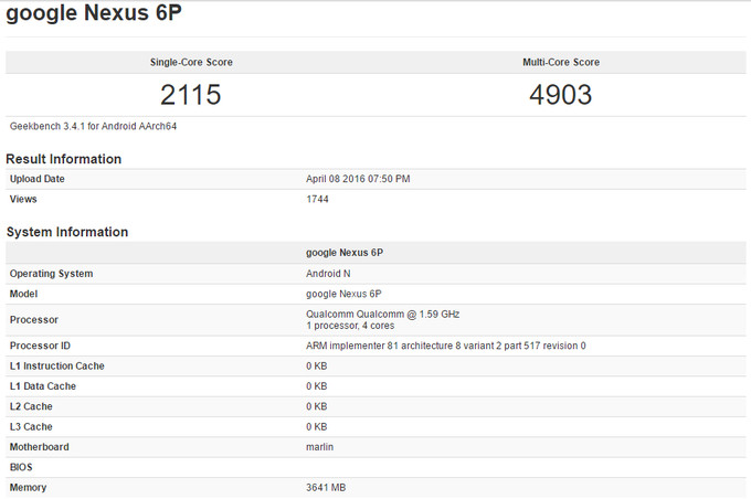 Leaked GeekBench Results of Nexus 6P(2)